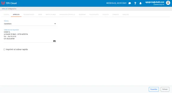 Configuración de datos del ticket