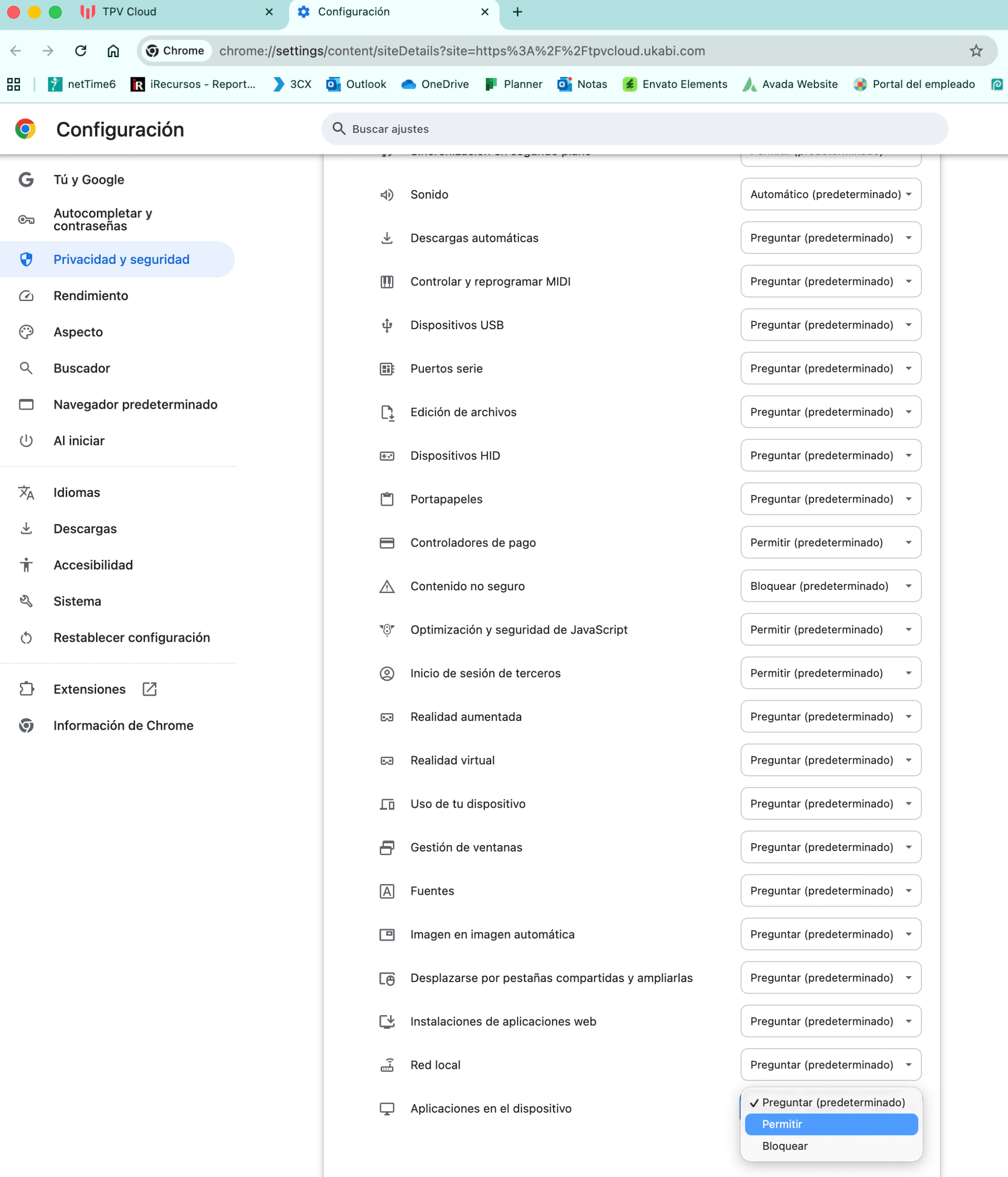 Otorgar permisos desde icono configuración